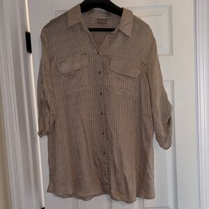 Chico's Beige Striped Button-Up Blouse